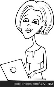 Black and White Cartoon Illustration of Pretty Girl with Notebook