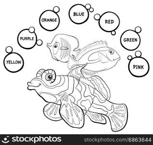 Black and White Cartoon Illustration of Primary Basic Colors Educational Activity for Children with Fish Animal Characters Coloring Page