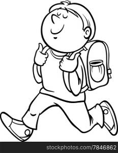 Black and White Cartoon Illustration of Primary School Student Boy with Knapsack for Coloring Book
