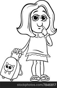 Black and White Cartoon Illustration of Primary School Student Girl with Pack for Coloring Book