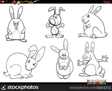 Black and white cartoon illustration of rabbits animal characters set coloring page