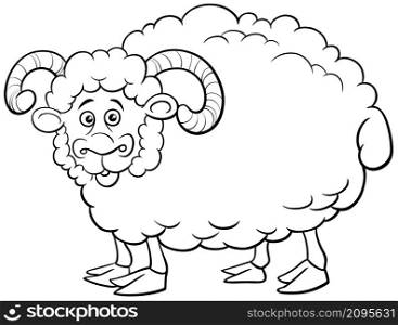 Black and white cartoon illustration of ram farm animal character coloring book page