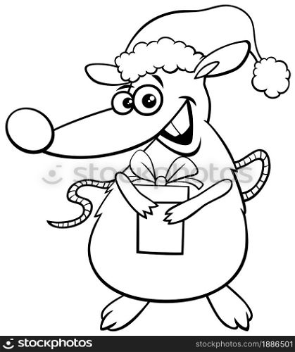 Black and white cartoon illustration of rat animal character with present on Christmas time coloring book page