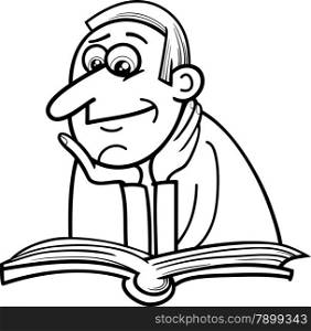 Black and White Cartoon Illustration of Reader Man with Book for Coloring Book