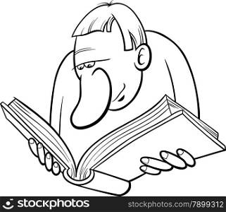 Black and White Cartoon Illustration of Reader with Book for Coloring Book