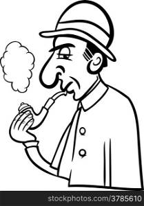 Black and White Cartoon Illustration of Retro Detective Smoking a Pipe for Coloring Book