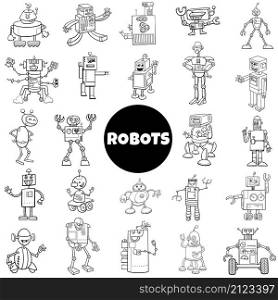 Black and white cartoon illustration of robots and androids fantasy characters big set
