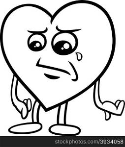 Black and White Cartoon Illustration of Sad Heart Character on Valentine Day for Coloring Book
