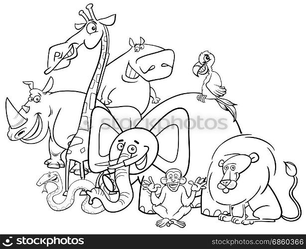 Black and White Cartoon Illustration of Safari Animal Characters Group Coloring Book