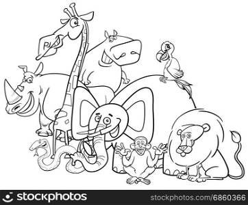 Black and White Cartoon Illustration of Safari Animal Characters Group Coloring Book