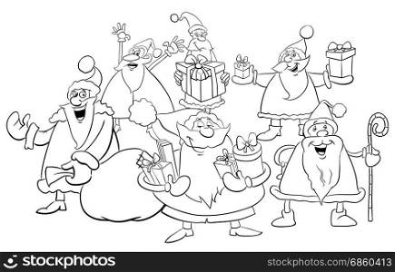 Black and White Cartoon Illustration of Santa Characters Group on Christmas Time Coloring Book