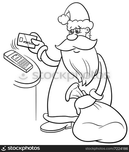 Black and white cartoon illustration of Santa Claus character paying for Christmas presents with credit card coloring book page