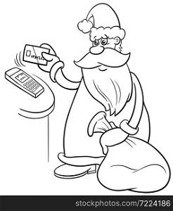 Black and white cartoon illustration of Santa Claus character paying for Christmas presents with credit card coloring book page