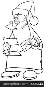 Black and white cartoon illustration of Santa Claus character reading a letter on Christmas time coloring book page