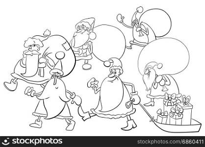 Black and White Cartoon Illustration of Santa Claus Characters Group on Christmas Time Coloring Book