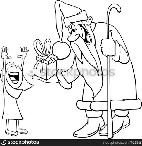 Black and White Cartoon Illustration of Santa Claus Christmas Character with Happy Little Girl Coloring Book