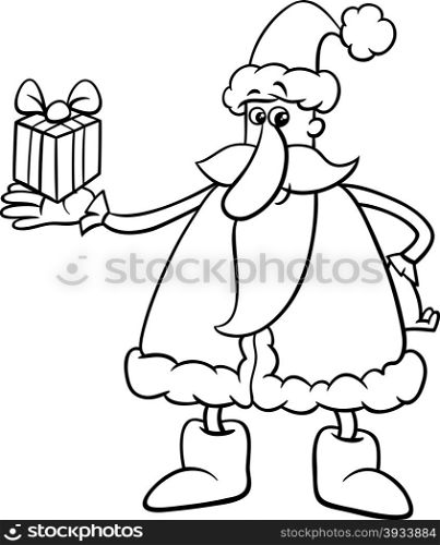 Black and White Cartoon Illustration of Santa Claus with Christmas Gift for Coloring Book