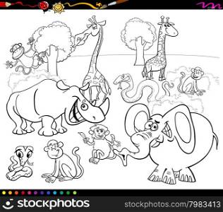 Black and White Cartoon Illustration of Scene with African Safari Animals Characters Group for Coloring Book