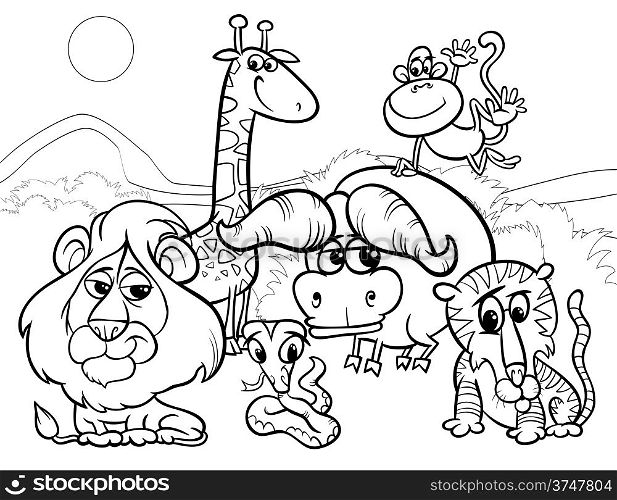 Black and White Cartoon Illustration of Scene with Wild African Animals Characters Group for Coloring Book