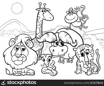 Black and White Cartoon Illustration of Scene with Wild African Animals Characters Group for Coloring Book