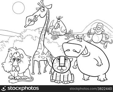Black and White Cartoon Illustration of Scene with Wild Safari Animals Characters Group for Coloring Book