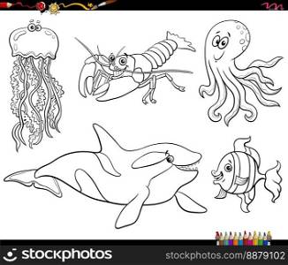 Black and white cartoon Illustration of sea life or marine animal characters set coloring page