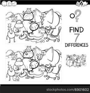 Black and White Cartoon Illustration of Searching Differences Between Pictures Educational Activity Game for Children with Animal Characters Group Coloring Book