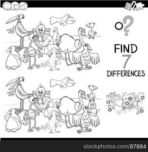 Black and White Cartoon Illustration of Searching Differences Between Pictures Educational Activity Game for Children with Birds Animal Characters Group Coloring Book