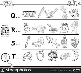 Black and White Cartoon Illustration of Searching Pictures Starting with Referred Letter Educational Game Worksheet for Kids Coloring Book