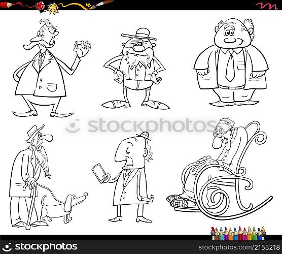 Black and white cartoon illustration of seniors characters set coloring book page