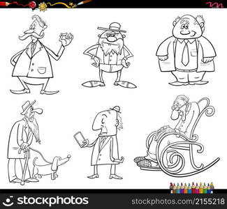 Black and white cartoon illustration of seniors characters set coloring book page