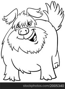 Black and white cartoon illustration of shaggy dog comic animal character coloring book page