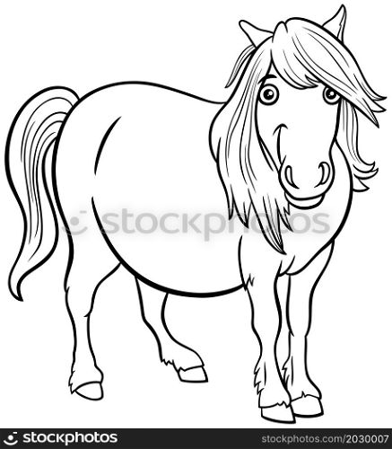 Black and white cartoon illustration of shetland pony farm animal character coloring book page