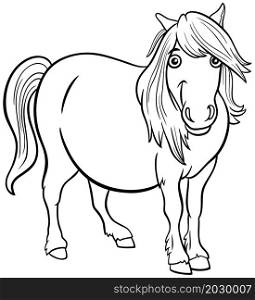 Black and white cartoon illustration of shetland pony farm animal character coloring book page
