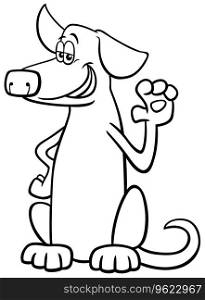 Black and white cartoon illustration of sitting brown dog comic animal character waving his paw coloring page