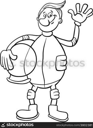 Black and White Cartoon Illustration of Spaceman or Astronaut in Spacesuit for Coloring Book