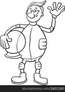 Black and White Cartoon Illustration of Spaceman or Astronaut in Spacesuit for Coloring Book