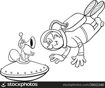 Black and White Cartoon Illustration of Spaceman or Astronaut with Alien in Space for Coloring Book