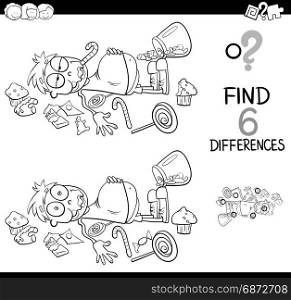 Black and White Cartoon Illustration of Spot the Differences Educational Activity Game for Children with Kid in a Candy Store Coloring Book
