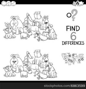 Black and White Cartoon Illustration of Spot the Differences Educational Game for Children with Dog Animal Characters Group Coloring Page