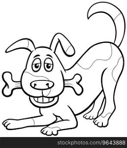 Black and white cartoon illustration of spotted dog animal character with dog bone coloring page
