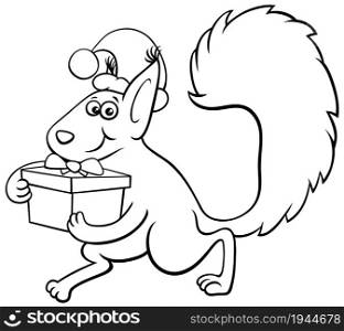 Black and white cartoon illustration of squirrel animal character with present on Christmas time coloring book page