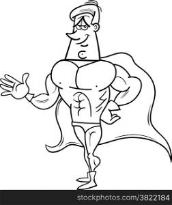 Black and White Cartoon Illustration of Superhero or Man in Hero Costume for Coloring Book