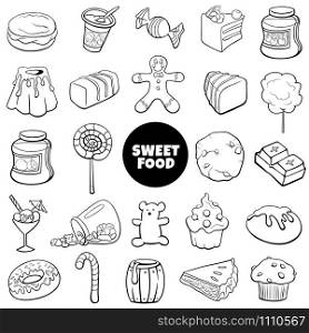 Black and White Cartoon Illustration of Sweet Food Objects Large Set