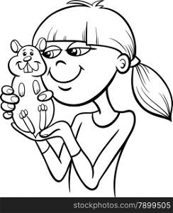 Black and White Cartoon Illustration of Teen Girl with Hamster Pet for Coloring Book