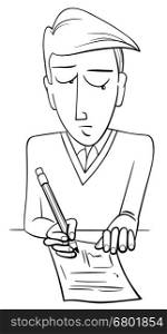 Black and White Cartoon Illustration of Teenage Boy Student Doing a Test Coloring Page