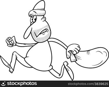 Black and White Cartoon Illustration of Thief Running Away with Sack for Coloring Book