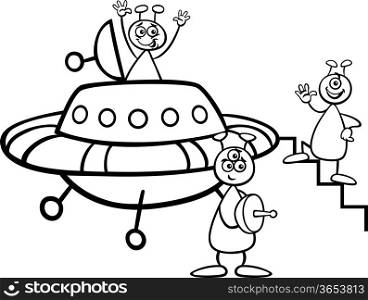 Black and White Cartoon Illustration of Three Funny Aliens or Martians Comic Characters with Ufo or Spaceship for Coloring Book