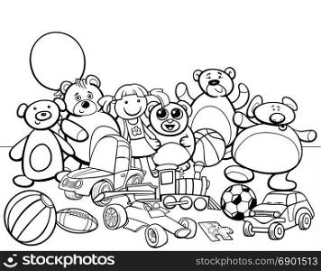 Black and White Cartoon Illustration of Toys Objects Characters Group Coloring Book