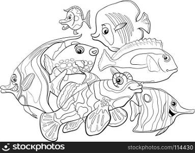Black and White Cartoon Illustration of Tropical Fish Sea Life Animal Characters Group Coloring Book